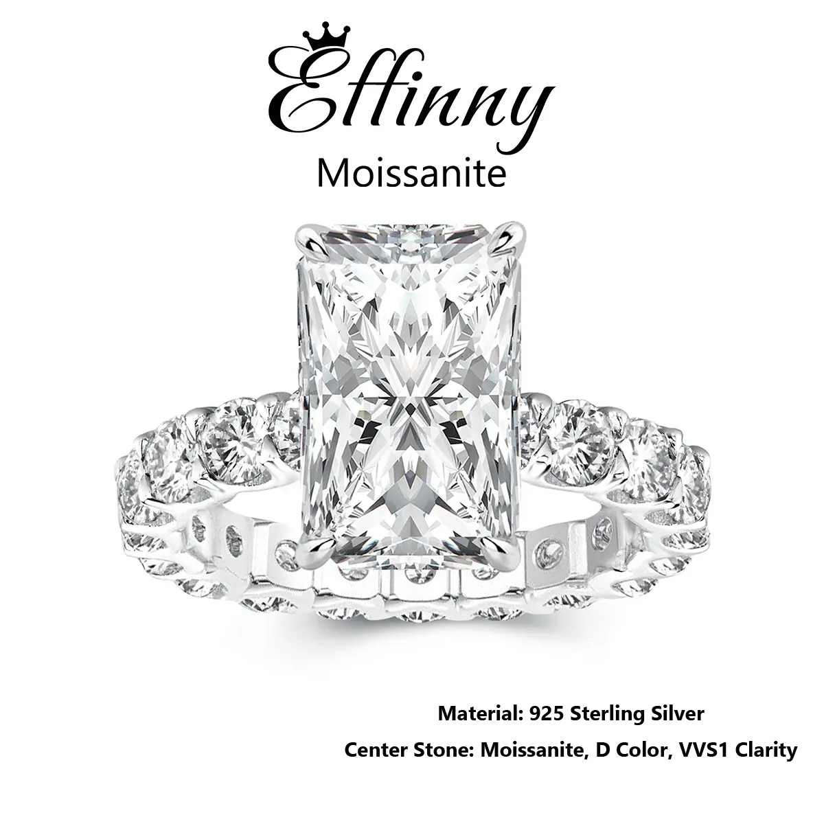 Effinny Synthetic Moissanite 3.5 Carat 14K Gold Plated Elongated Excellent Radiant Cut Engagement Ring, D Color VVS1 Promise 925 Sterling Silver Jewelry for Women, Wedding, Female