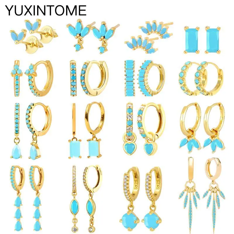 925 Silver Ear Needle Turquoise Hoop Earrings For Women INS Style Exquisite Flower Blue Crystal Piercing Huggie Earrings Jewelry