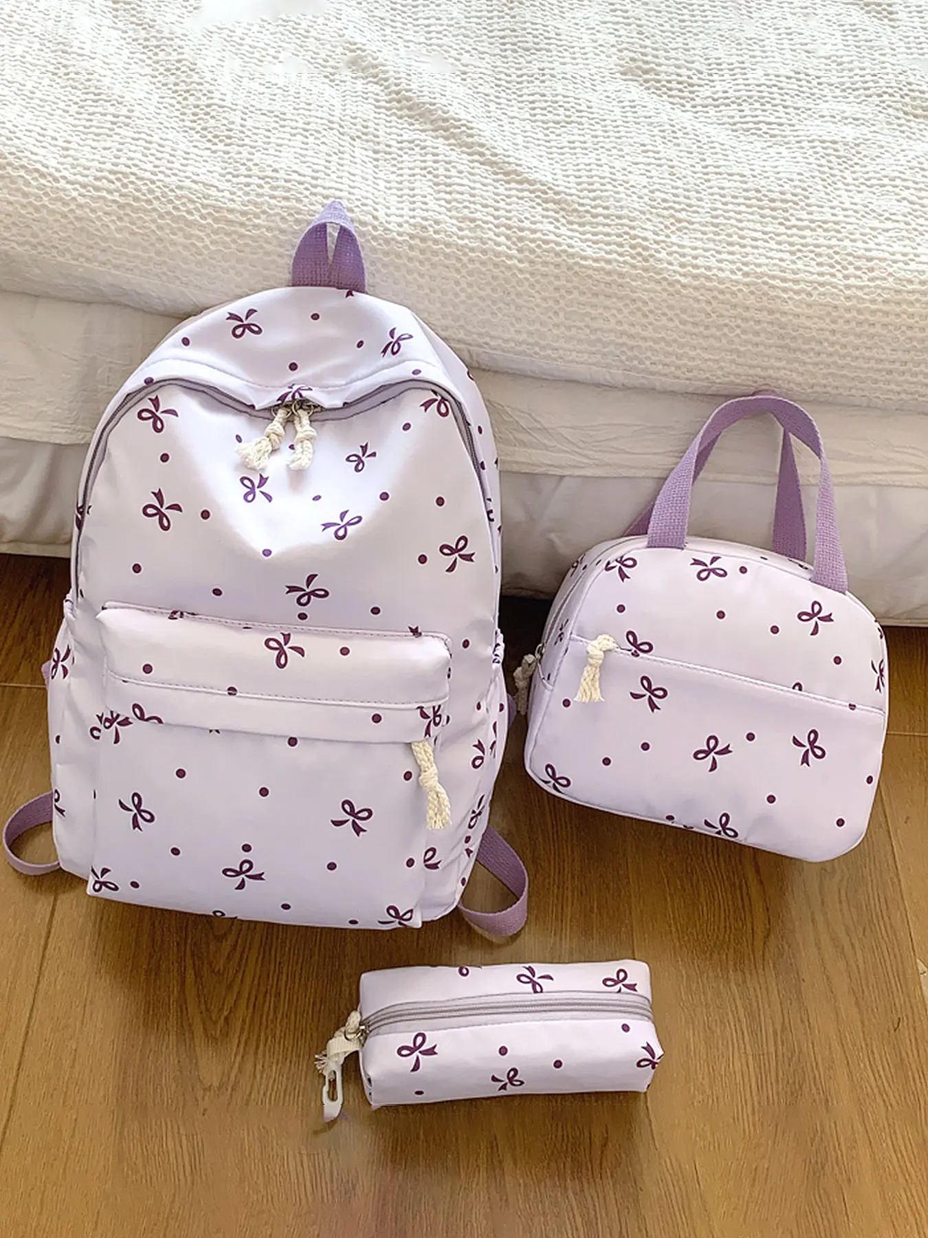 Small fresh color bow three-piece set, School Backpack Set, backpack, handbag, pencil case sweet student set, fashionable, cute, exquisite and versatile with multiple colors to choose from, suitable for students' daily commuting, travel, etc.