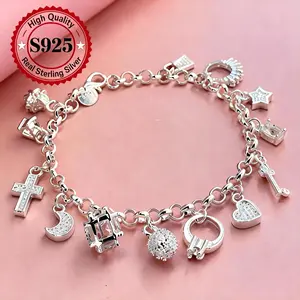 925 Sliver Plated Celestial Charm Bracelet for Women Silver Alloy 13-Piece Pendant Jewelry with Cross Moon Stars Adjustable Trendy Unique Gift Idea