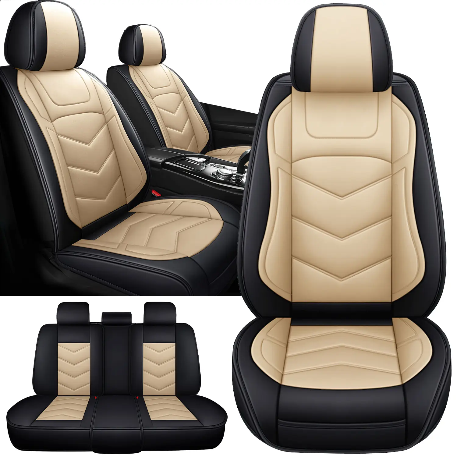Beige - 5 Seat Universal Seat Covers for Cars, Luxury Nappa Leather Waterproof Seat Covers, Front and Back Back Row Car Seat Protector Fit for Nissan /Honda /Civic /CRV /Hrv /Kia /Sorento /Toyota /Corolla /4Runner /Camry /Hyundai /Mazda