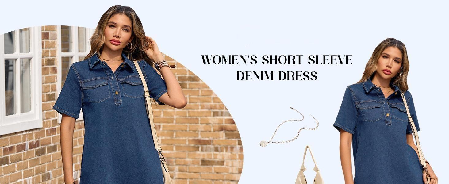 Imily Bela Women's Short Sleeve Denim Dress Button Down Collared Loose Fit Summer Casual Jean Shirt Mini Dresses