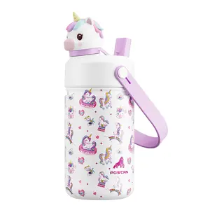 POWCAN 12oz Insulated Water Bottle, Stainless Steel Cup with Cute 3D Character Topper, 2-in-1 Dual Sip Straw & Spout Lid, Leakproof Travel Tumbler for Boys Girls School Outdoor