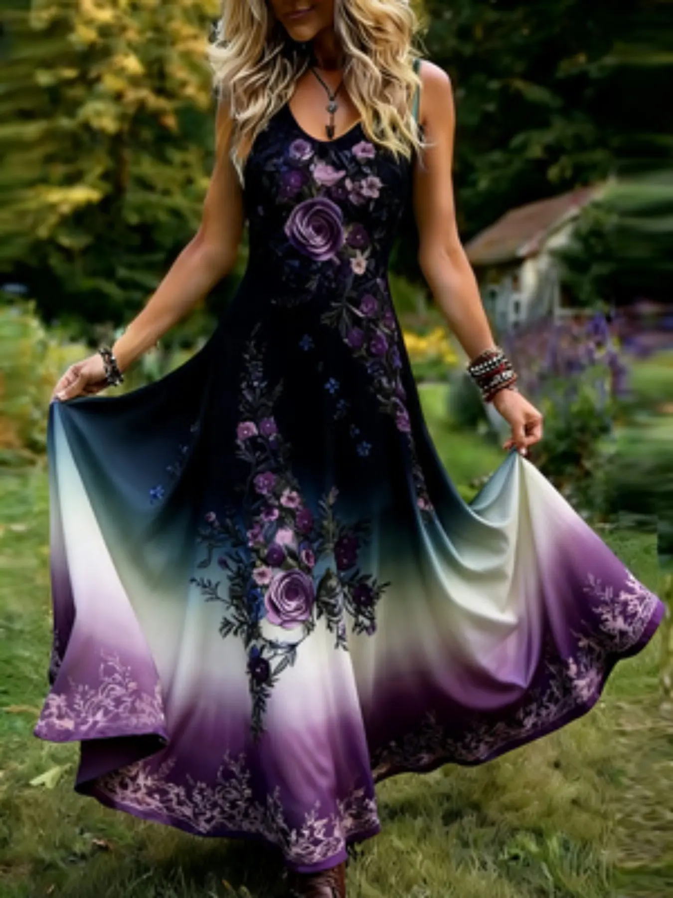 Women's Summer Garden Party Outdoor Vintage Casual Sleeveless Flowy Long Dress, Bohemian Gradient Rose Flower Print Maxi Dress, Elegant Boho Style