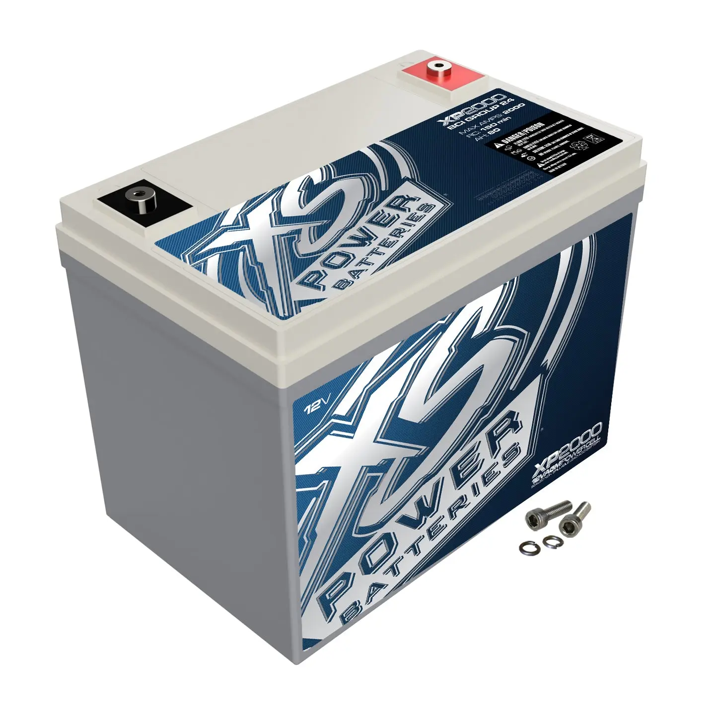 XS Power XP2000 12V BCI Group 24 AGM Aftermarket Car Secondary Battery - 2000 Secondary W, 80 AH Energy Supply, Sealed Safe, Power Boost, Included Parts, M6 Terminal Hardware, for Cars