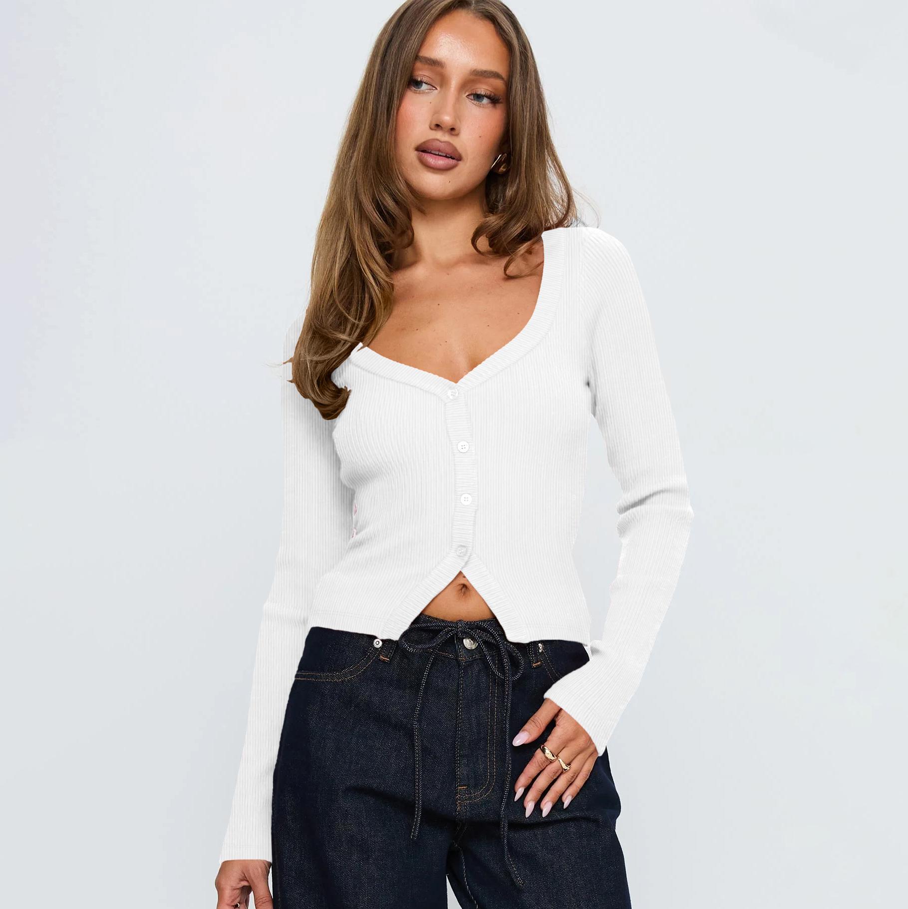 FAIABLE Women's Button Long Sleeve Cardigans Open Front Knit V Neck Cropped Sweaters Slim Fit Stretchy Shirt Soft Lightweight Layering Blouse Casual Elegant Tops Chic