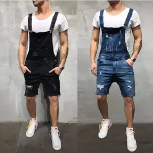 summer spring clothes Men Overalls Denim One Piece Jeans Shorts Rompers Washing Slim Fit Holes Pockets Distressed Spliced 2025 new