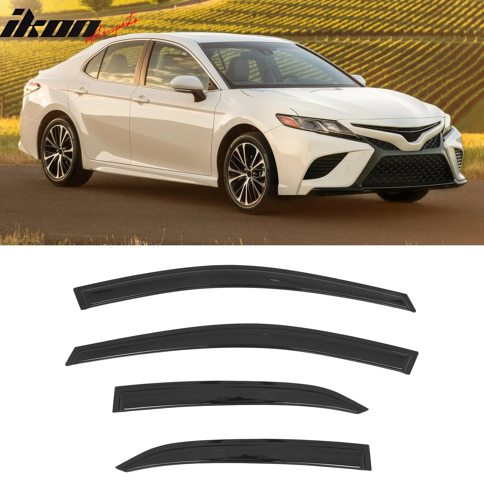 IKON MOTORSPORTS Side Window Visors, 4PCS Tape-On Vent Rain Sun Guards for Toyota Camry 2018-2024, Car Exterior Deflectors