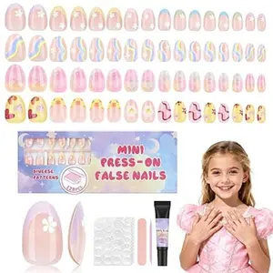 Kids Press On Nails Kit 128PCS 4 Pack Fake Nails for Girls Ages 8-12 16 Sizes Flower Almond Shape Stick On Nails with Jelly Adhesive Tabs & Nail Glue Cute Nail Set for Birthday Easter Party Gifts