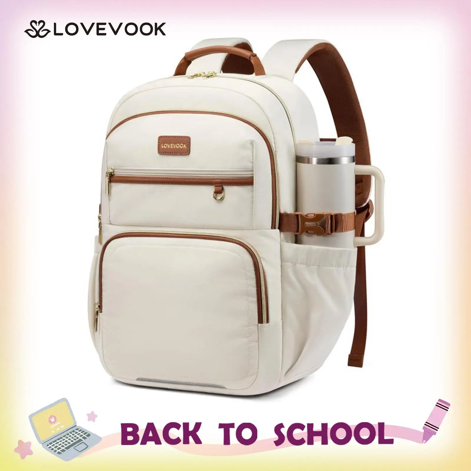 LOVEVOOK Laptop Backpack for Women, 15.6 Inch Travel Backpack with Giant Tumbler Holder Pocket, Multi-Pocket College School Bookbag Purse, Water-Resistant Work Daypack for Teacher Nurse