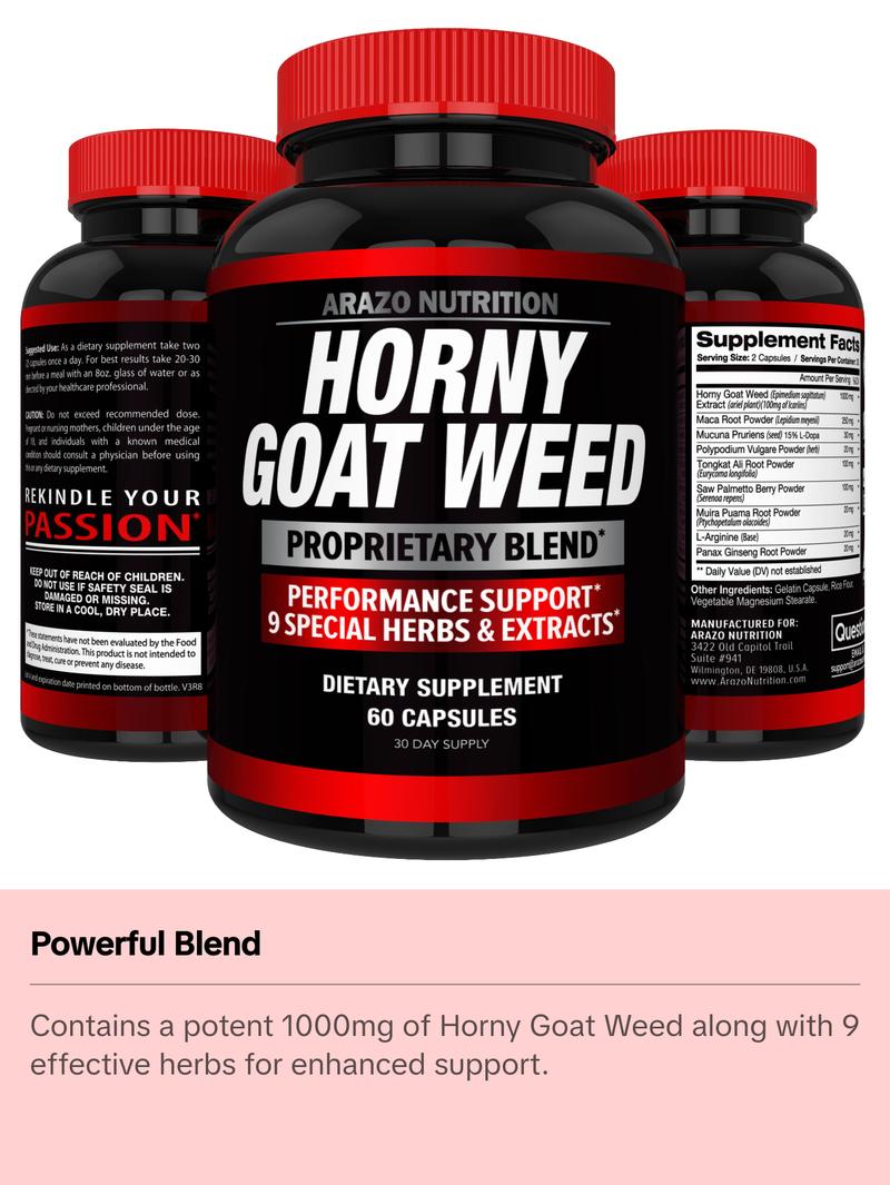 Arazo Nutrition Horny Goat Weed Proprietary Blend 1000mg Fast Acting Powerful 9 Herbs Tongkat Ali Saw Palmetto L Arginine 60 Capsules