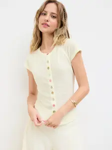 Cider Round Neckline Short Sleeve See-through Button Front Blouse
