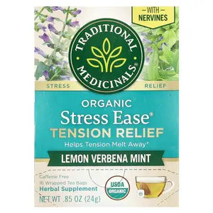 Traditional Medicinals Organic Stress Ease® Tension Relief, Lemon Verbena Mint, Caffeine Free, 16 Wrapped Tea Bags, 0.85 oz (24 g)
