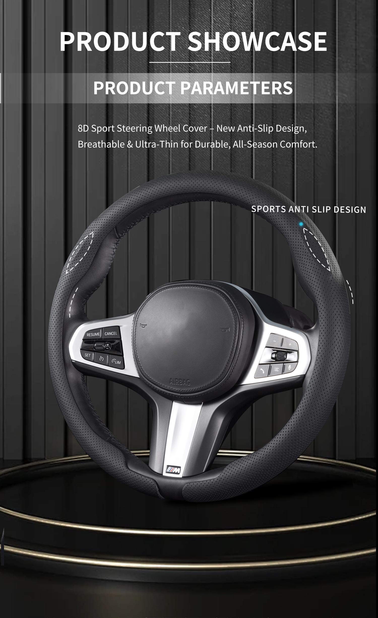 Jeep Wrangler Steering Wheel Cover for Men, Fits Grand Cherokee, 8D Heavy Duty Leather Grip, Cool Truck Stuff, Anti-Slip Handle Protector Accessories