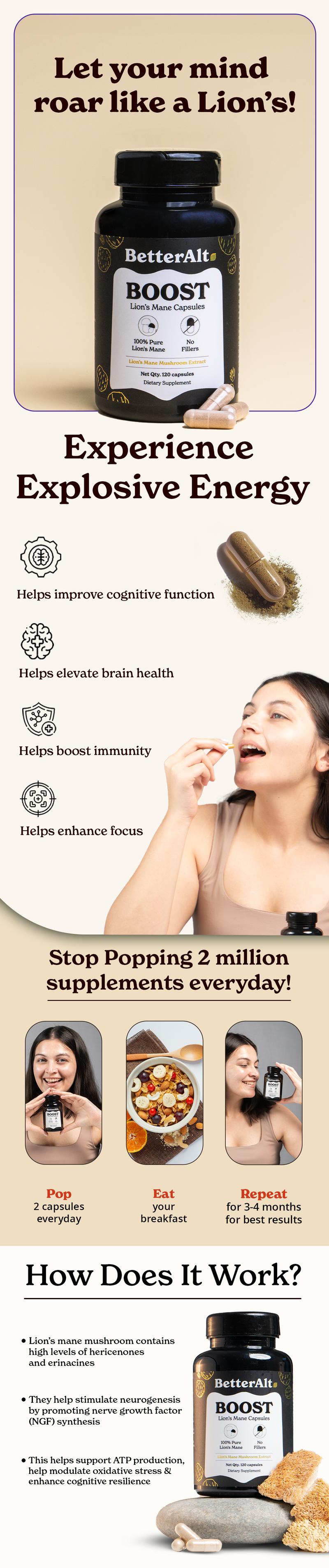 BetterAlt 1000mg Lions Mane Mushroom Capsules | Nootropic Brain Booster | 15:1 Extract for Overall Health and Fitness | 30% Polysaccharides | 120N