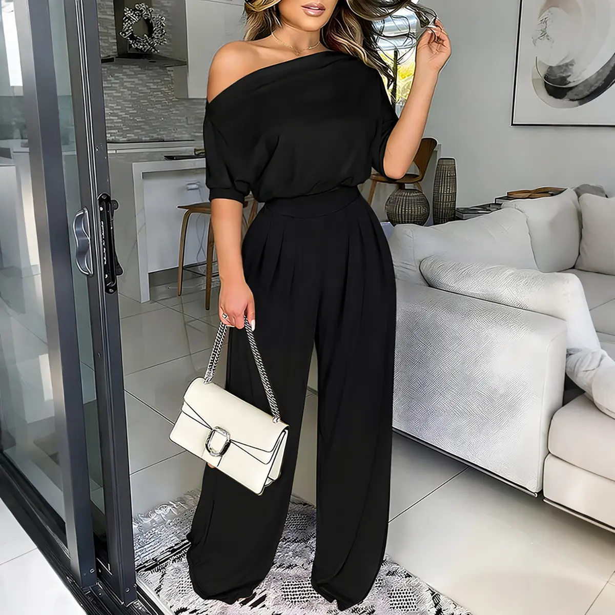CHICME Women's Skew Neck Batwing Sleeve Jumpsuit Snatched High Waist Wide Leg Romper Elegant Work to Weekend Outfit with Pockets
