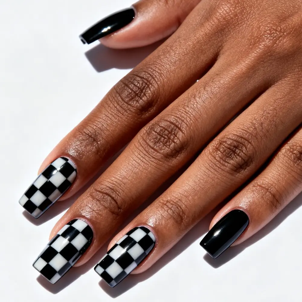 24pcs Checkerboard Nail Art, Diy Nails Art, Nail Art Products, Nail Designs, Glossy Pure & Classic Checkerboard Design, Trendy Retro Nails for Street Style, Holiday, Daily Wear