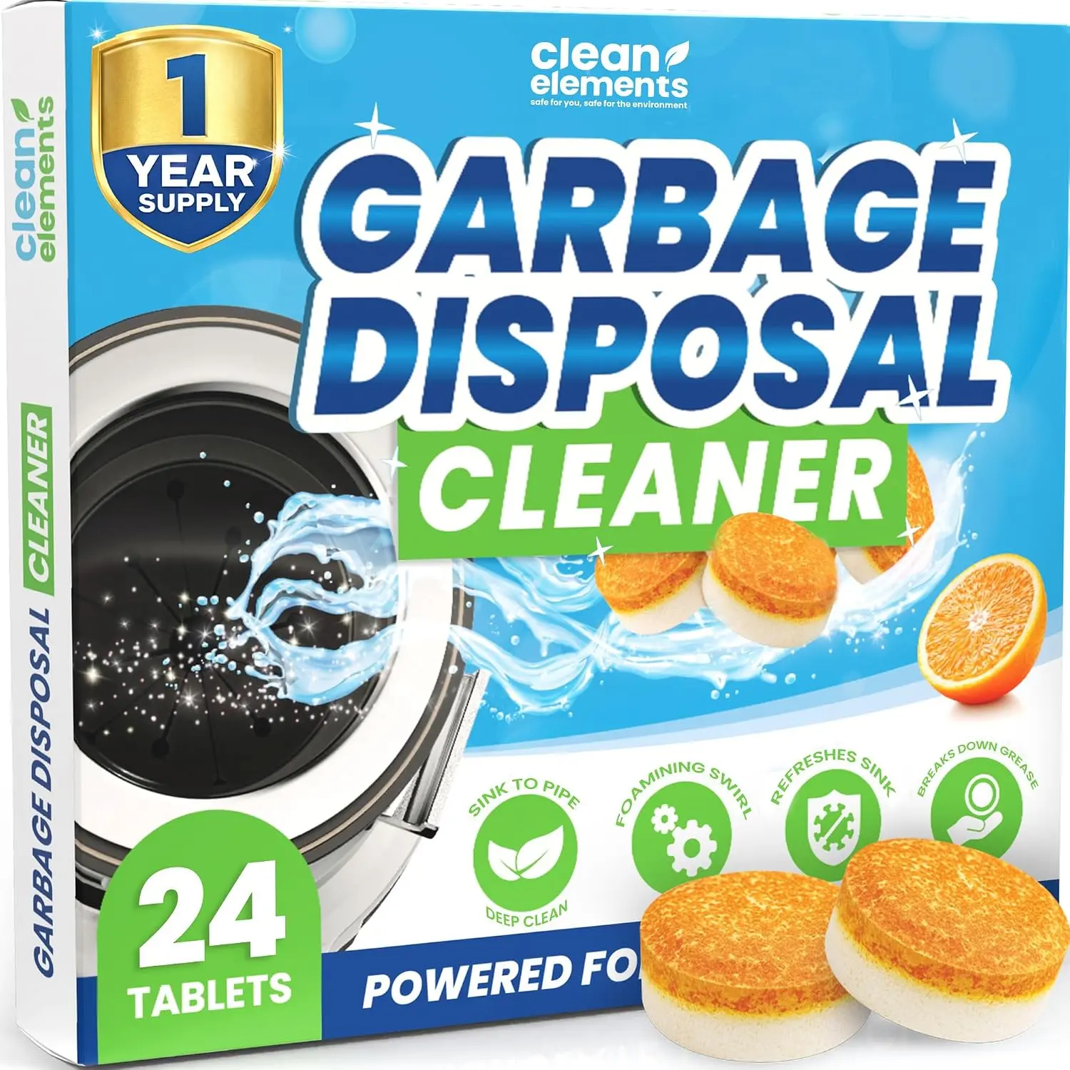 Garbage Disposal Cleaner Deodorizer Tablets – 24 Pack XL Foaming Citrus Cleaning Tablet - Sink Drain Disposer Garburator Freshener Odor Eliminator Grease Remover Septic Safe - 1 Year Supply