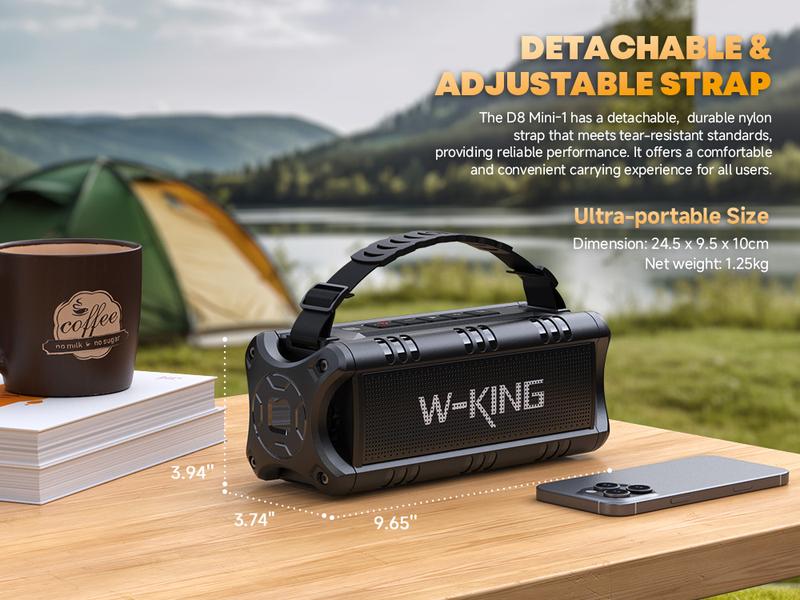W-KING 60W Peak D8 Mini Portable Bluetooth Speaker, IPX6 Waterproof, 30W Wireless, 24-Hour Playtime, Powerful Bass, NFC, TF Card, USB Playback, Built-in Mic, AUX-IN, for Home, Outdoor Adjustable Subwoofer