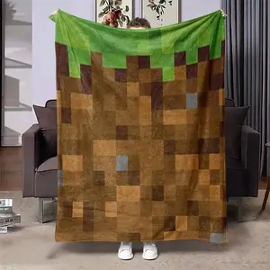 Pixel nostalgic grass block velvet blanket | Pixel elements of the gaming space, creation of festive atmosphere