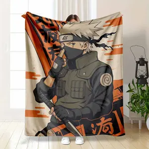 Naruto Kakashi Flannel Blanket Anime Ninja Warrior Graphic Print with Kunai and Orange Background Soft Warm Cozy Lightweight Throw Ideal for Sofa Bedroom Office Travel Gift Decor Use