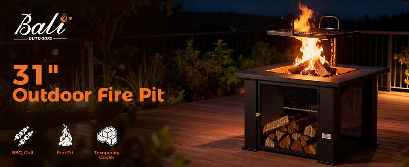 BALI OUTDOORS 3 IN 1 Square Fire Pit with BBQ Grill & Wood Burning & Temporary Cooler for Patio Outdoor Firepits Perfect Christmas Gift for Friends Family and Love One