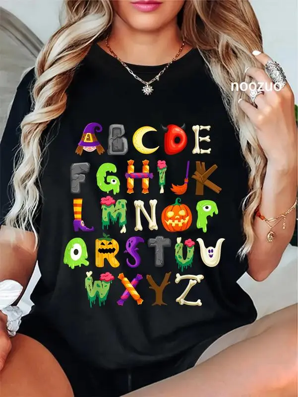 Women's Casual Tops with Funny Halloween Letters Graphic, 100% Cotton Short Sleeve Streetwear T-Shirt - Important: Check Size, Alphabet Print