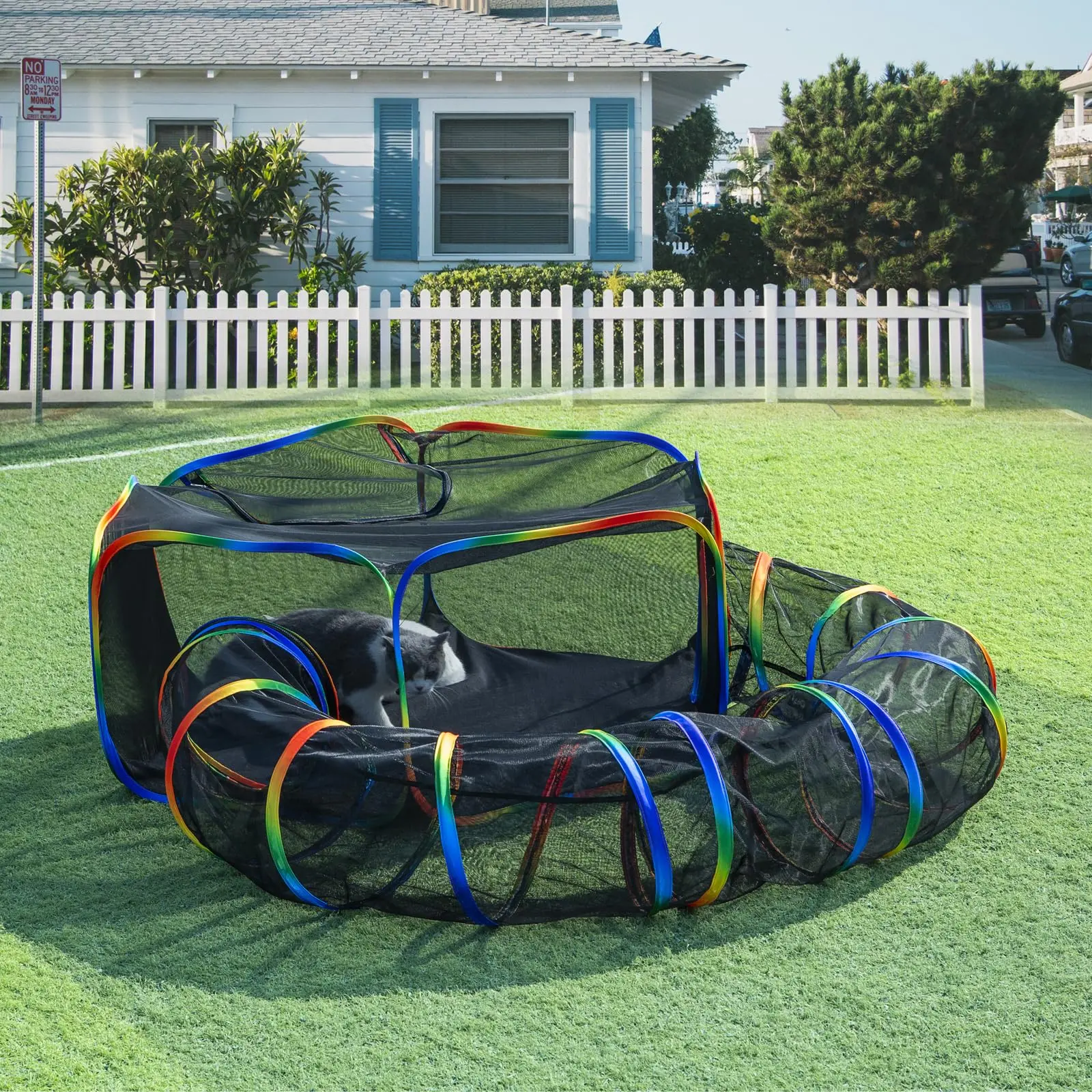 Polyester Mesh Cat Play Tunnel Tent, 47in(119cm)×18in(45cm) Extra Large with Rainbow Edges, Portable Foldable Storage Anti-Escape Kitten Toy for Indoor, Backyard Lawn & Outdoor Camping Use