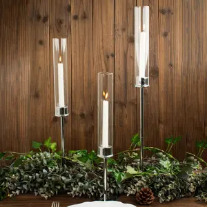 Set of 3 Tall Silver Metal Taper Candlestick Holders 16", 20", 24" - Clear Glass Hurricane Candle Stands With Chimney Candle Shades