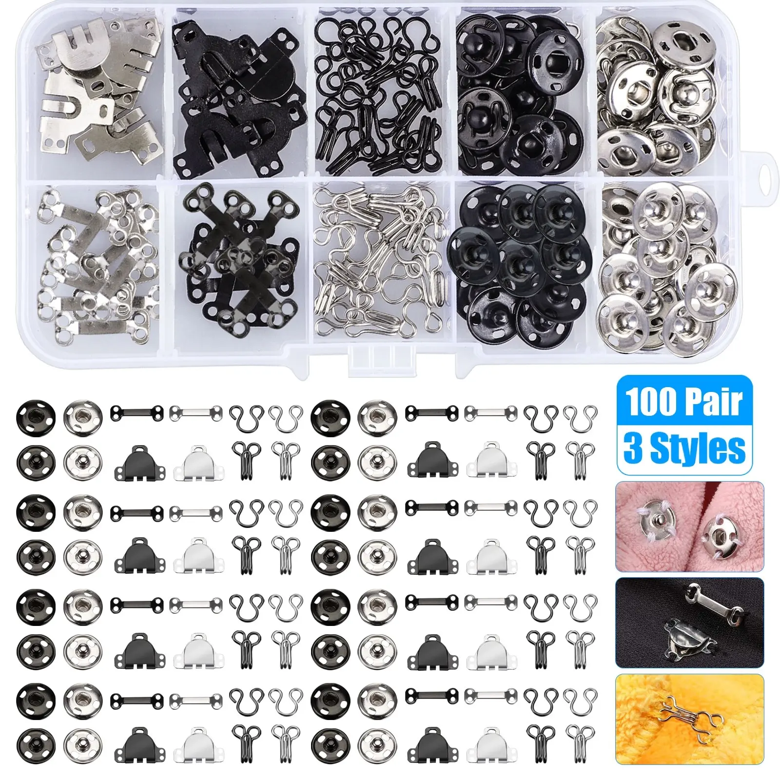 100 Pair Sewing Hooks and Eye Closure Set - 3 Styles Pants Hooks,Eye Latch Sewing Snaps Button,Clothing Fixing tool  for DIY Craft