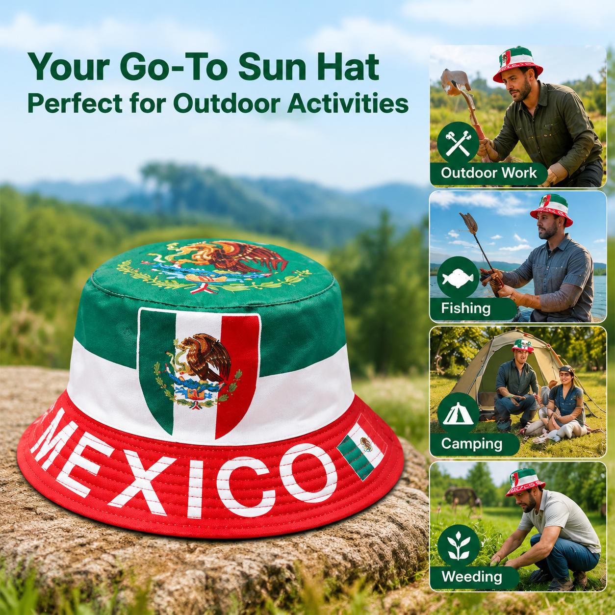 Mexican flag bucket hat, casual sun hat, lightweight and breathable polyester fiber material, outdoor sun protection, Mexican pride, suitable for outdoor work, fishing, camping, quick-dry and hiking, one size fits all, unisex design, summer  season