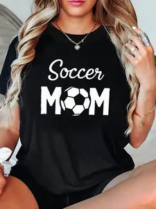 100% Cotton Women's Soccer Mom T-Shirt - Short Sleeve Crew Neck Casual Top with SOCCER MOM Print & Medium-Stretch Fabric - Spring/Summer Blouse for Soccer Practice, Games, PARENTING Apparel