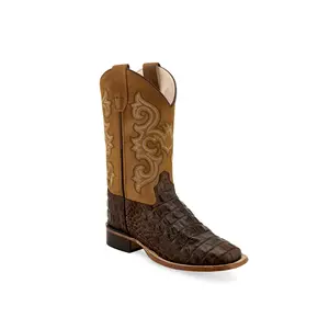 Old West Brown/Tan Youth Boys Leather Faux Gator Cowboy Boots