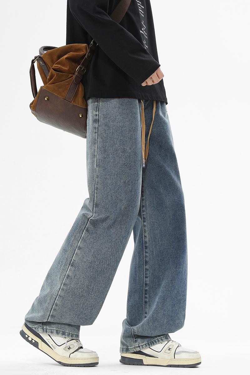 Grand Opening — Men’s Straight-Leg Jeans, Casual Drawstring Elastic Waistband, Heavyweight Washed Denim, Premium Cotton-Rich Blend Fabric with at least 60% cotton Beige Menswear baggy jeans for men Aesthetic