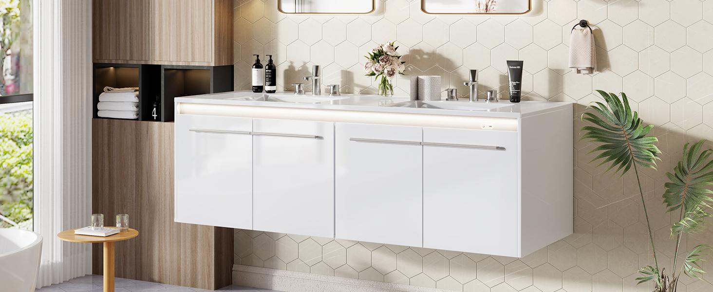 AMERLIFE 31"/60‘’LED Floating Bathroom Vanity with Sink, High Gloss Single Sink Wall Mounted Bathroom Storage Vanity Cabinet, Modern Bathroom Sink Cabinet with Metal Handles,Best Gift Ideas/Christmas Gifts