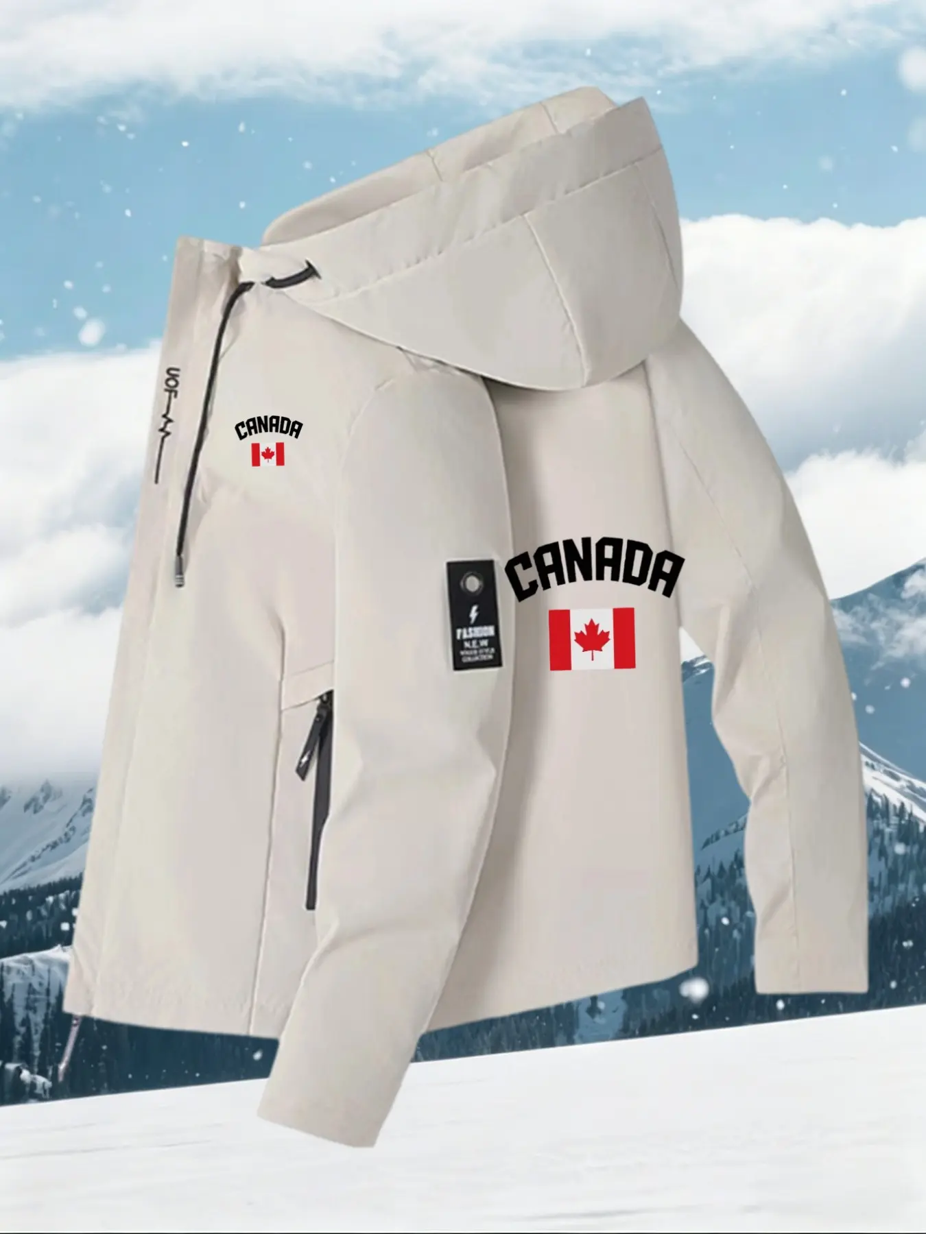Canada Flag Theme Outdoor Flying Jacket, Men's Autumn Winter Hooded Jacket, Casual Sportswear, Sports Outerwear, Slim-Fitting, All Seasons