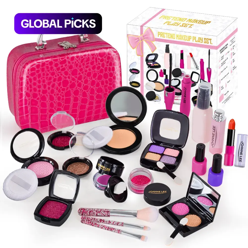 21-Piece Kids' Pretend Play Makeup Playset, Rose-Pink Crocodile-Pattern Vanity Case with Safe Eyeshadows, Powder & Brushes #GLOBAL PICKS