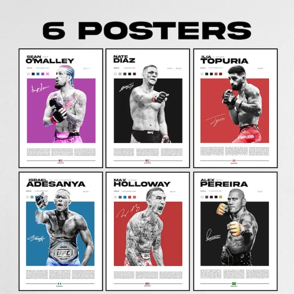 Artistic MMA Fighter Poster Set - Sean O'Malley, Nate Diaz, Ilia Topuria, Alex Pereira, Israel Adesanya, Max Holloway Eco-Friendly Graphic Prints with Black Borders, Fade-Resistant Long-Lasting Home Wall Art Decor Accessories