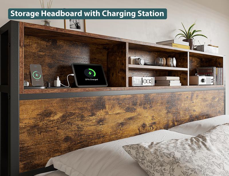 Raybee 6 Drawers Wood Bed Frames for King Queen Full, Luxury Platform Bed Frame with Storage Head Board & Build-in Power Outlet, Holds up to 1000lbs with Metal Frame & Slats, Noise Free, Space Saving for Bedroom