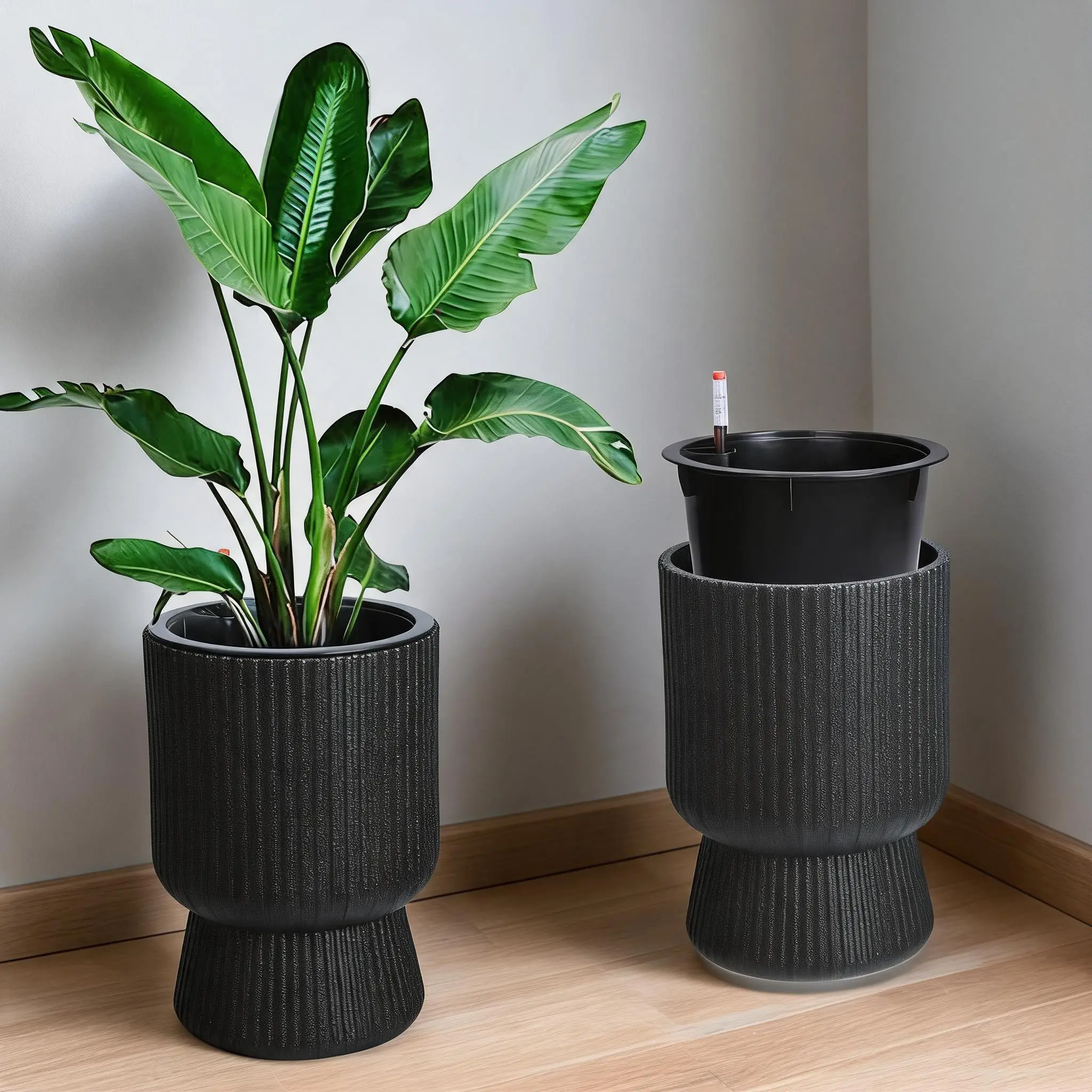 Set of 2 Self-Watering Planters, 14 Inches Tall – with Water Level Monitor and Integrated Drainage – Perfect for Patio, Porch, Living Room, or Home Office