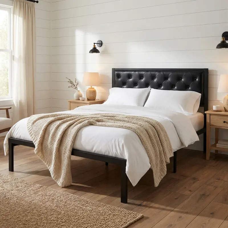 SHA CERLIN Metal Upholstered Platform Bed Frame with Headboard of Button Tufted Linen Fabric /Faux Leather,【Frame Only No Mattress】Twin/Full/Queen/King Size, Iron Slats Support, No Box Spring Needed#ChristmasGifts#TikTokShopBlackFriday