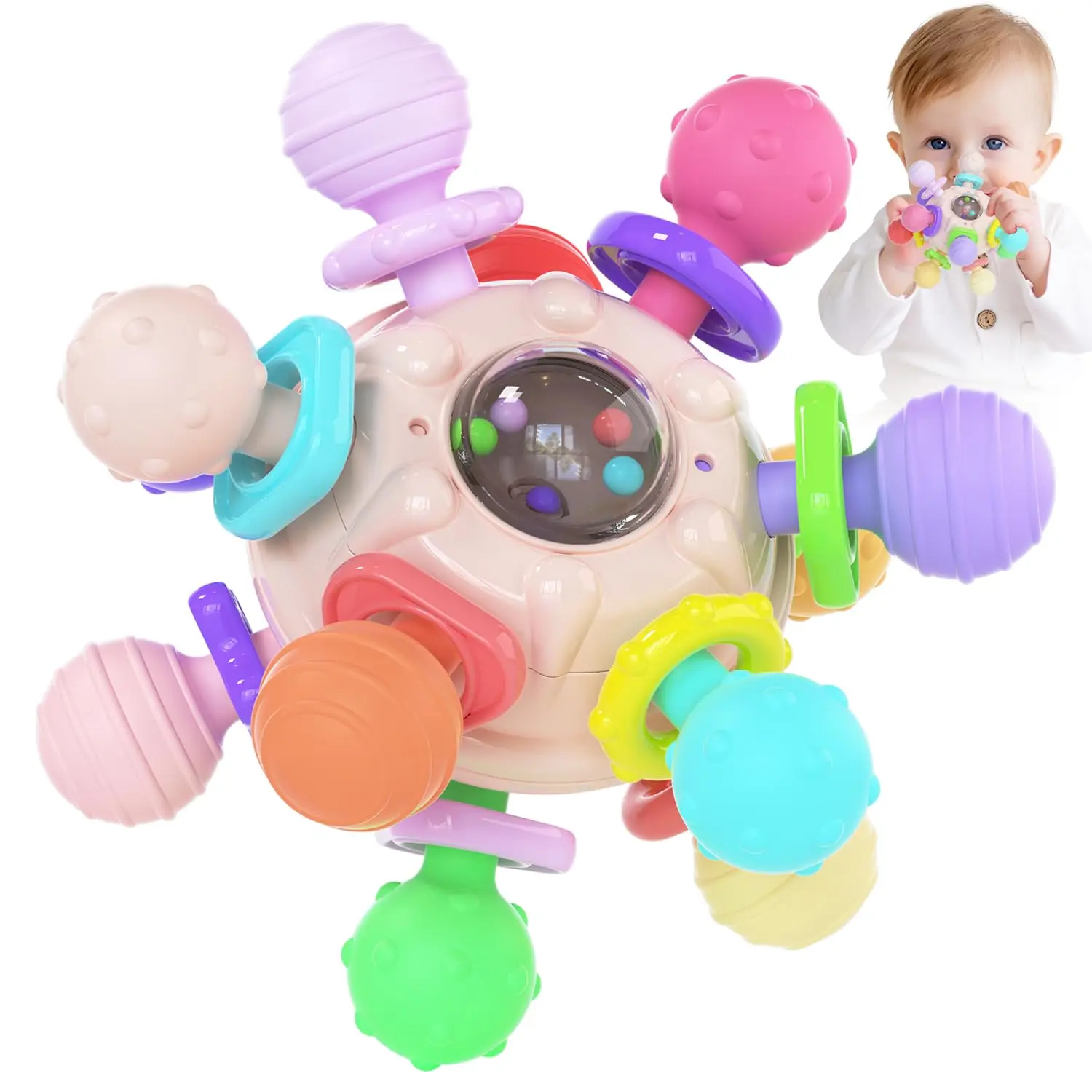 Montessori Baby Teether, Silicone Sensory Ball with Rattle and 12 Gnawing Points for Teething Relief, Steam Sterilizable Toy for Infants 0-12 Months, Montessori Toys, Abs, Portable, Strollers, Sound