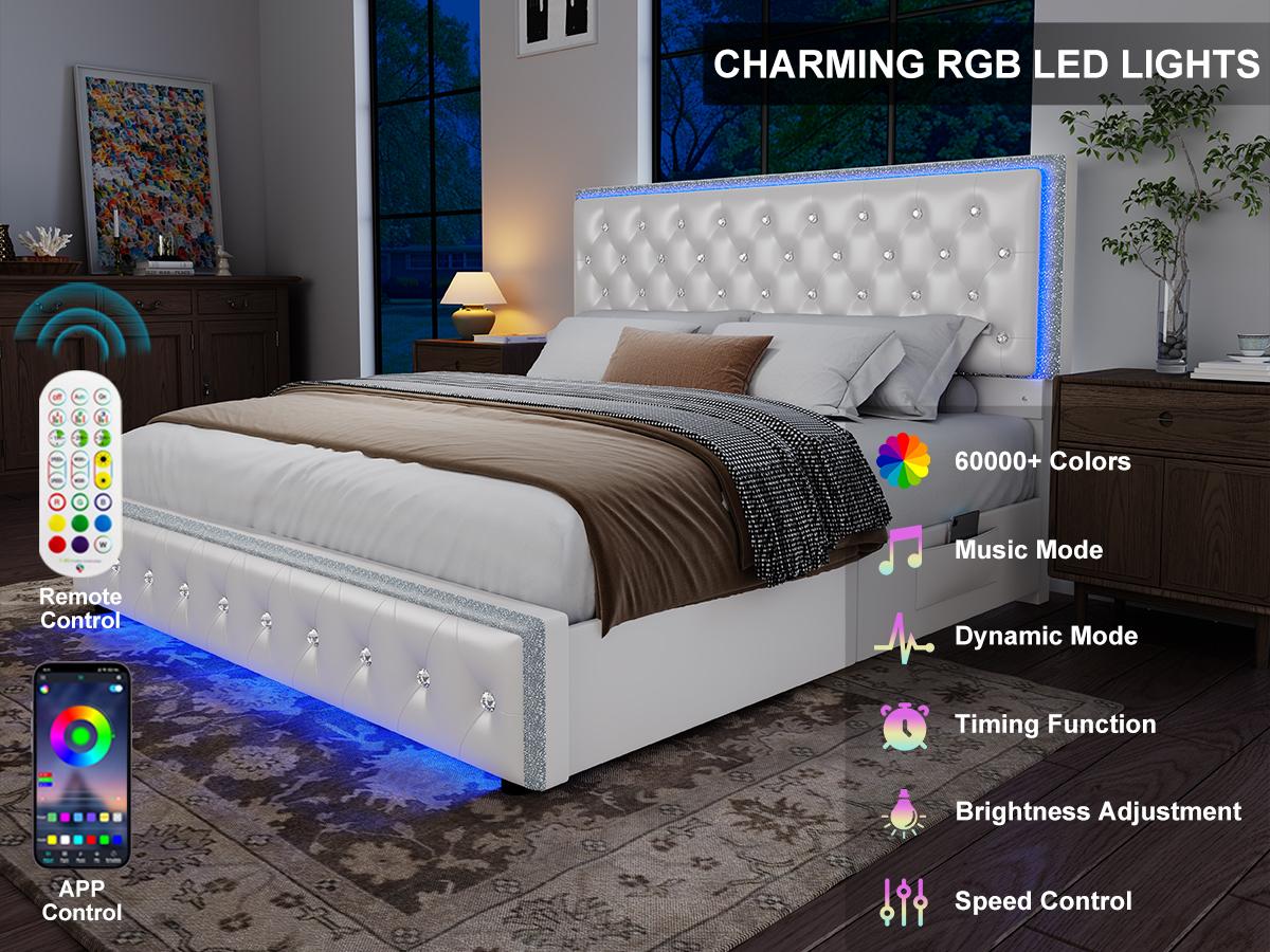 Queen LED Bed Frame with 2 Storage Drawers, Upholstered Platform Bed with Crystal Button Tufted Headboard, Noise-Free, No Box Spring Needed – PU & Velvet, Black/Gray/White/Cream