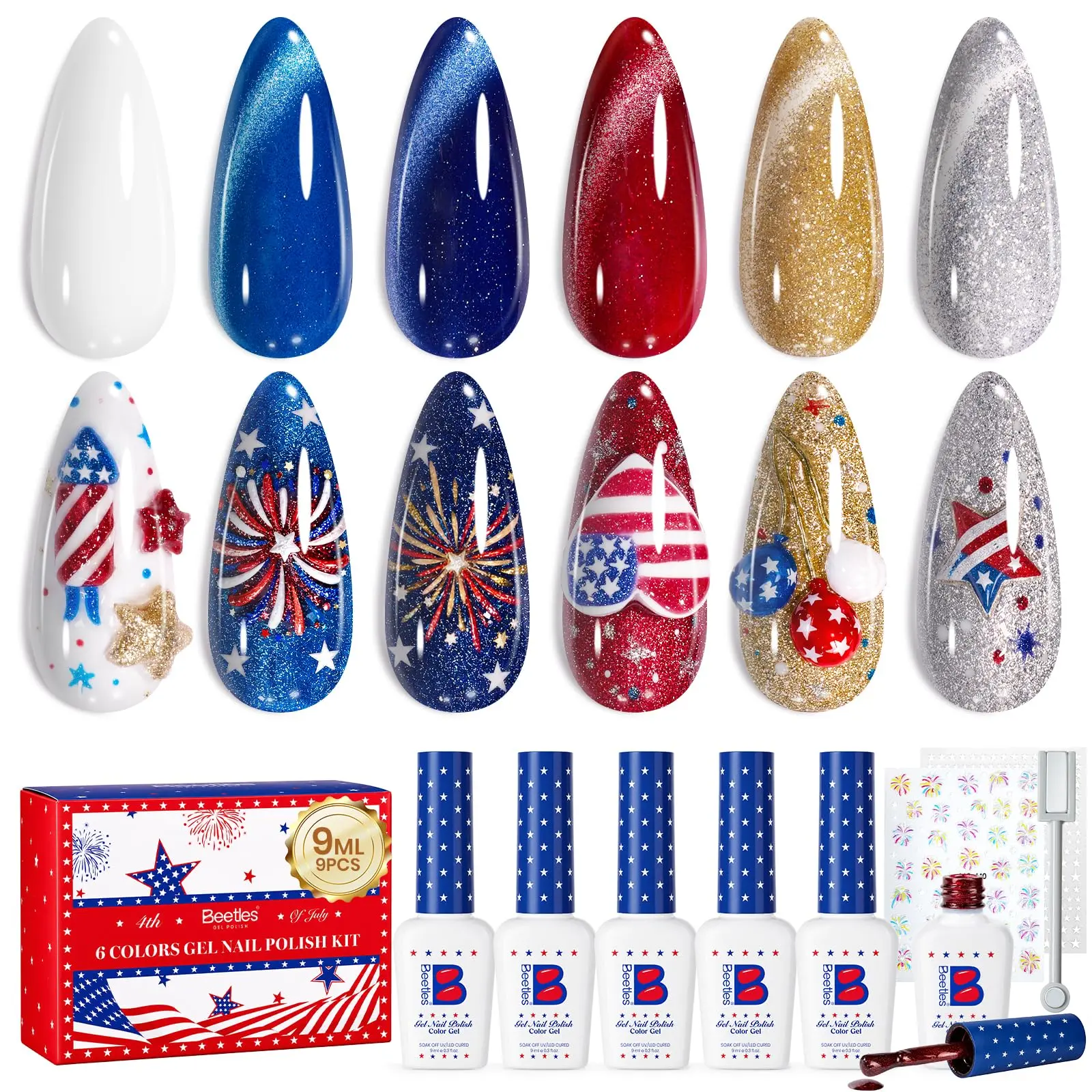 [Beetles] 6 Colors Gel Nail Polish Set - Independence Spark 4th of July Cat Eye Magnetic Polish with Magnet - Red, White, Blue & Gold Glitter Soak Off UV LED Gel Kit with Base & Top Coat | Gift for Women