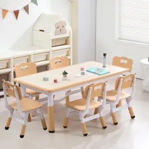Wood Color Table and Chairs Set, Height Adjustable Desk with 6 Seats,Arts & Crafts Table,Graffiti Desktop, Non-Slip Legs, Max 300lbs, Multi-Activity Table