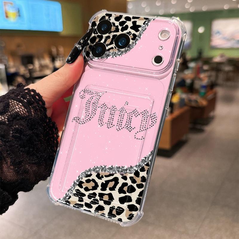 Transparent Card Slot Case, Leopard Pattern, Thick Anti-Drop Phone Cover Compatible with iPhone 17/17 Pro Max/air/11-16 Series Military-Grade Camera Custom Monogram Striped Glitter Electroplated Girly iPad Pen Anti-Slip Slim Shockproof Camo Tough