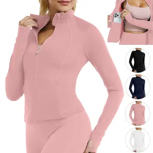 RIOJOY Women's Light weight Full Zipper Stand Collar Jacket Long Sleeve Jacket with Thumb Holes Hidden Pockets Sweat-Wicking Slim Fit Outwear for Workout