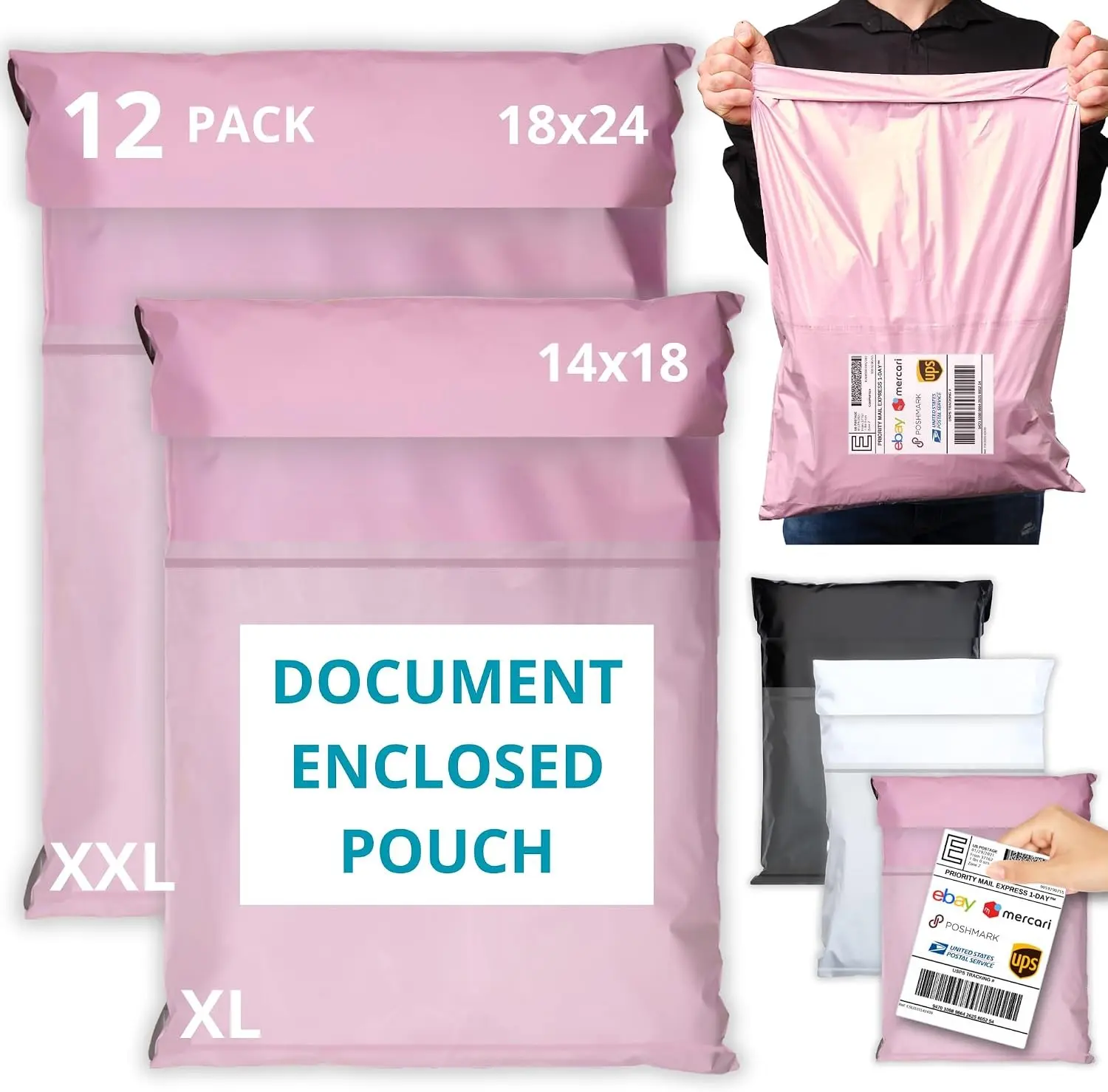 Multi-Size Poly Mailers (12 Pack) with Label Pouch - 14x18 in & 18x24 in Self-Seal Shipping Bags, Tear & Water-Resistant Non-Padded Plastic Mailing Envelopes for Clothes, Envelope