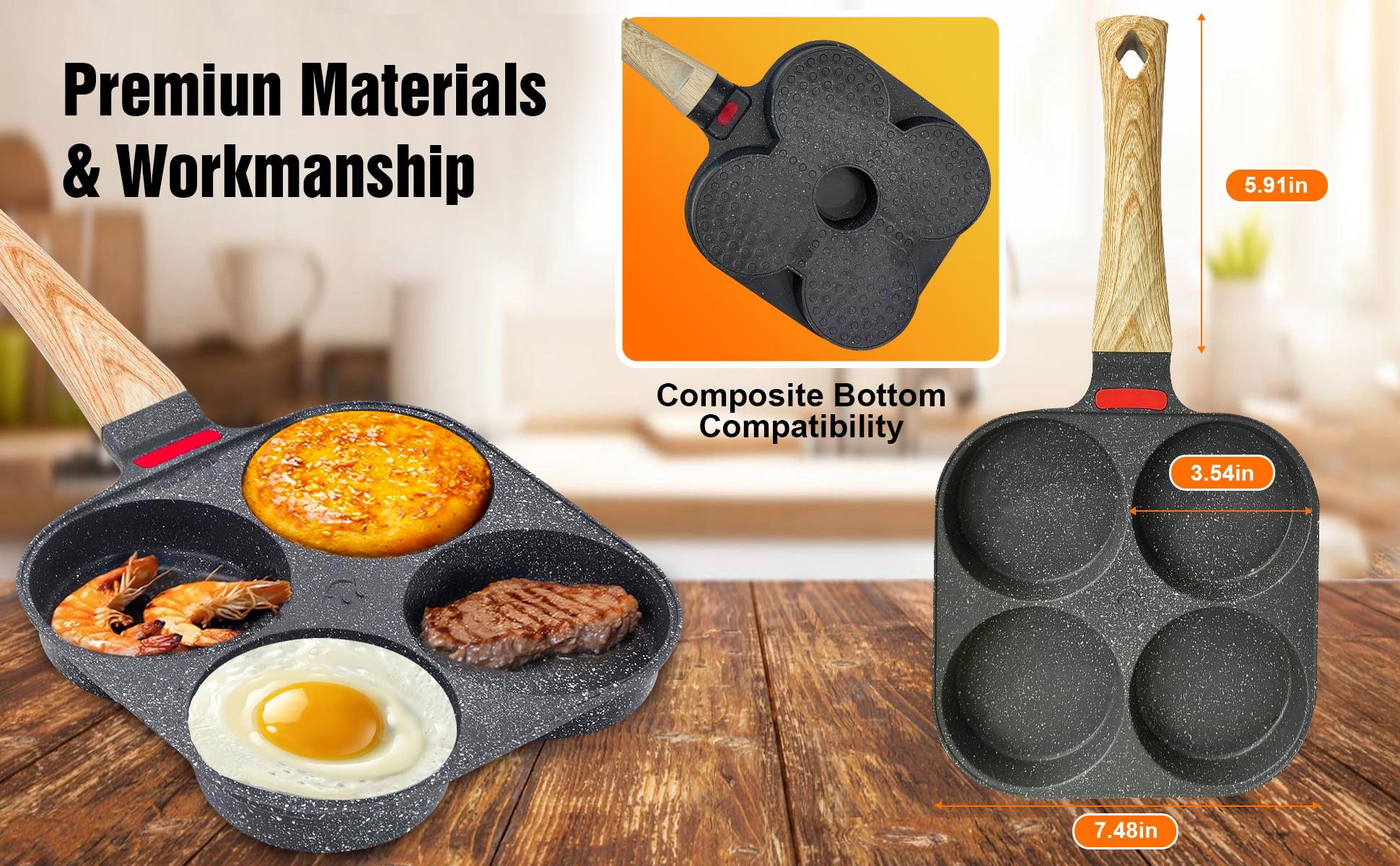 Non-stick Hole Design Egg Frying Pan, 4 Hole Skillet with Handle, Small Egg Fry Pan 3-in-1 Divided Grill Pan, Wooden Handle Stone Omelet Non-stick Cookware, Breakfast Pancake Pan, Kitchen Gadgets for Gas and Induction Cooktops gas stove