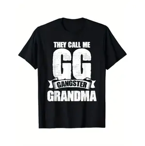 1pc Black Cotton "They Call Me GG Gangster Grandma" Graphic T-Shirt with Combed Design, Short Sleeve, Round Neck, Casual Fit for Women, Perfect Gift for Grandmothers, Humorous Apparel |   Playful Graphic Tee |   Cotton Fabric, Funny G